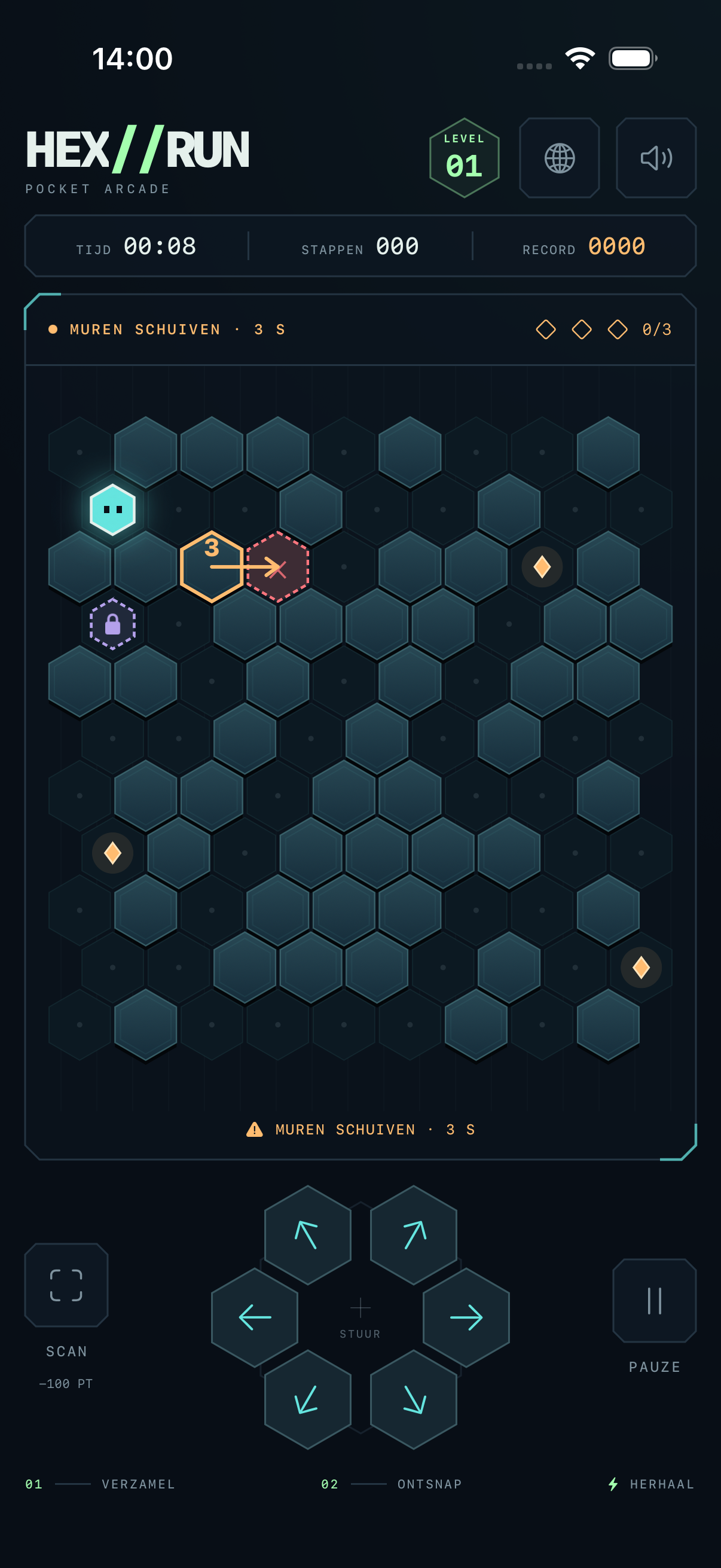 HEX RUN: hexagonal corridors, energy cells and an orange wall about to move. Screenshot in Dutch.